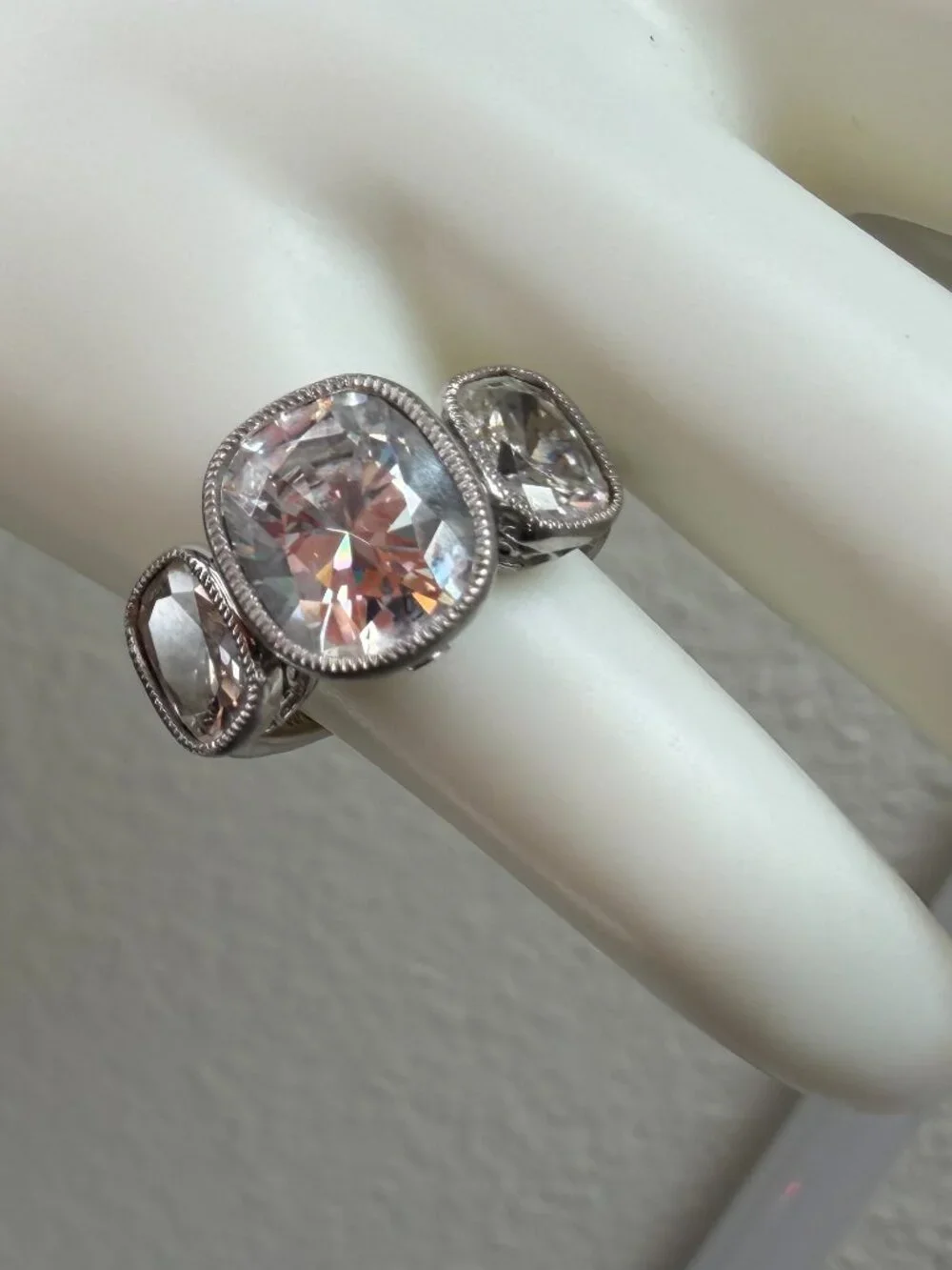 Vintage Jean Dousset Heirloom 925 CZ 3-Stone Mill-grain Cushion Cut Ring - Picture 8 of 17